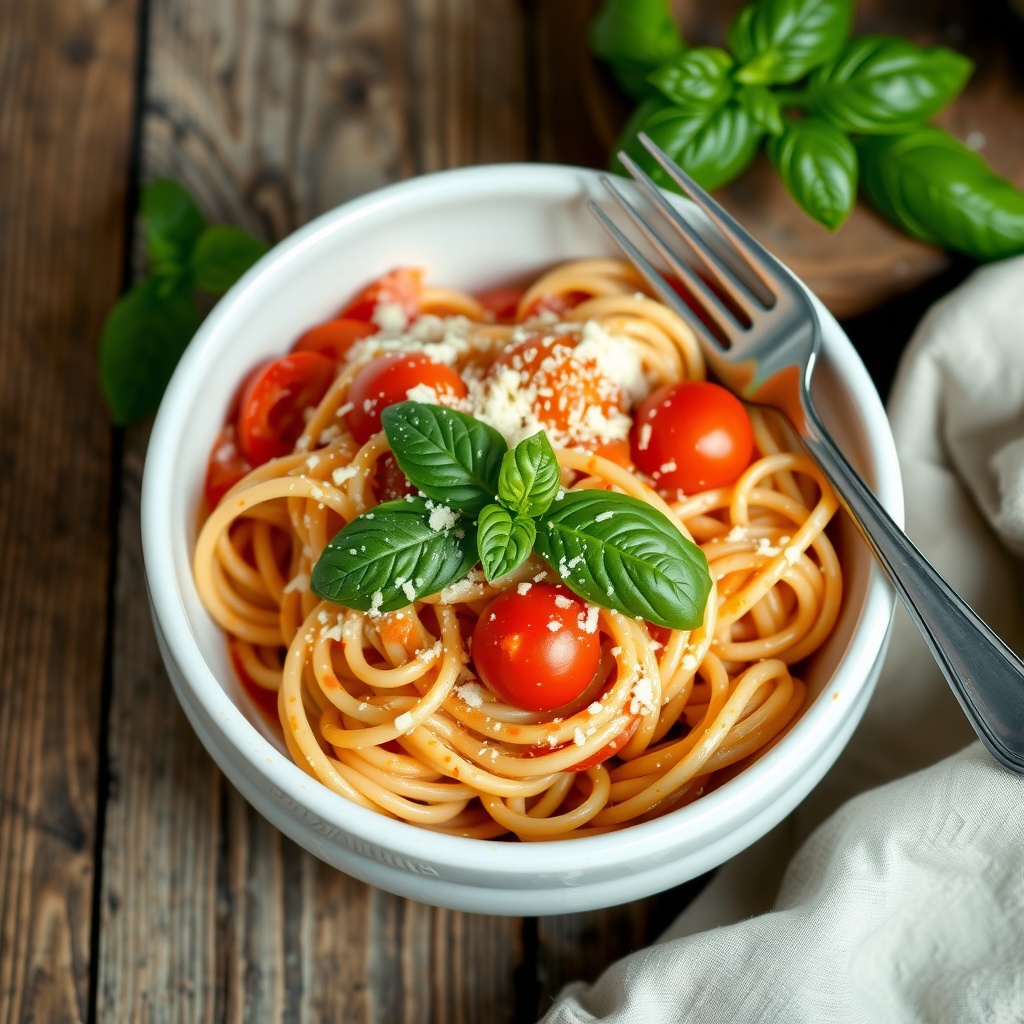 Creamy tomato basil pasta in a bowl, garnished with fresh basil and Parmesan cheese, on a wooden table.